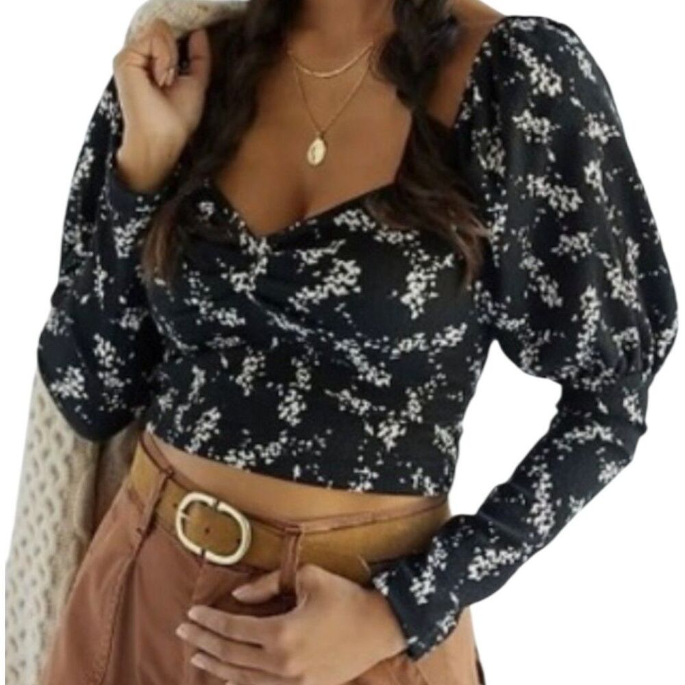 Anthropologie S Black Regencycore Milkmaid Sweetheart Crop Puff Sleeve Top